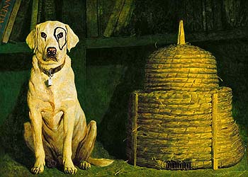 Kleberg - Jamie Wyeth print  dog, labrador retriever, bee hive, bee skep, black ring